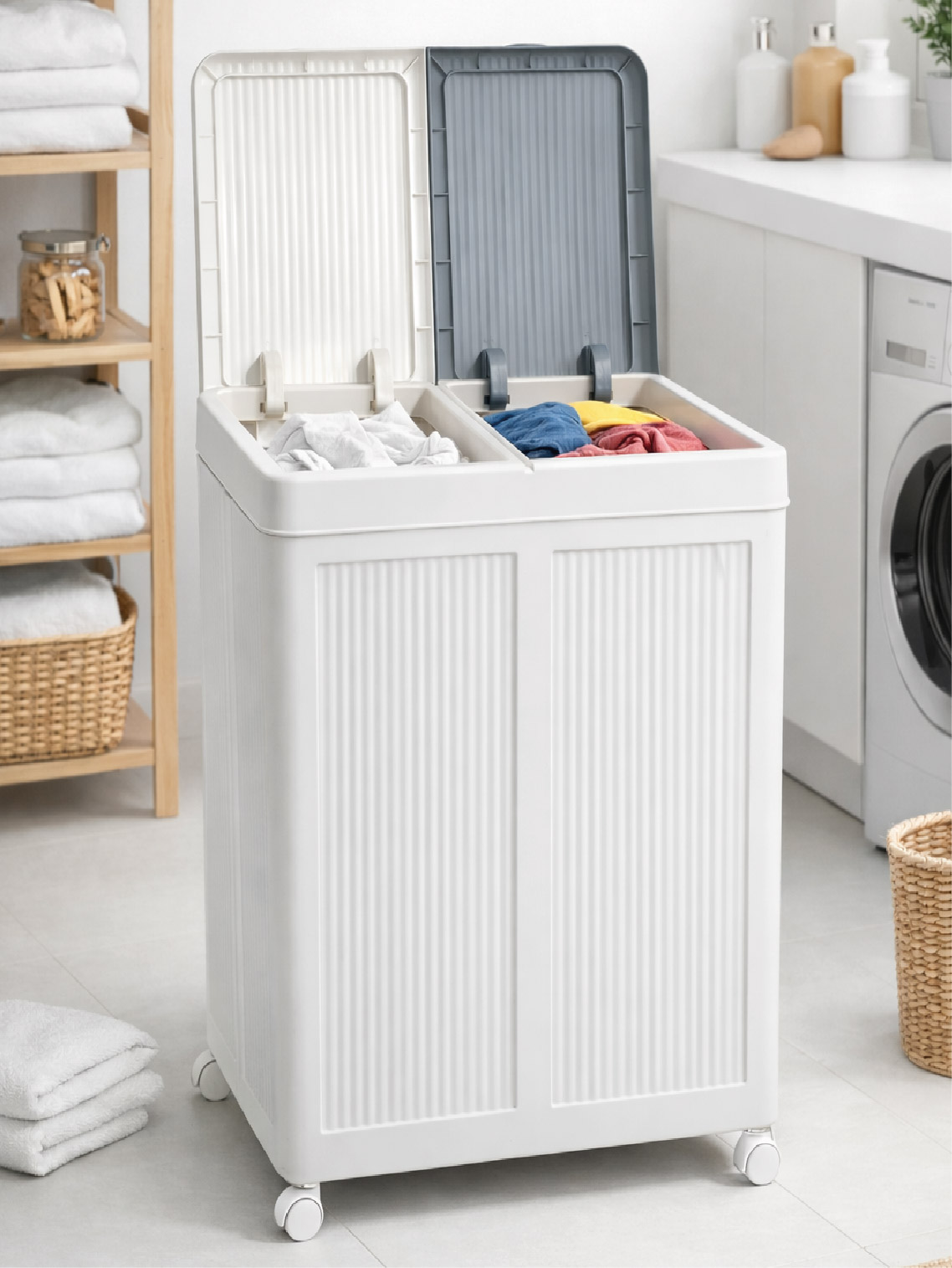 Foldable Dual-Compartment Laundry Basket With Wheels 